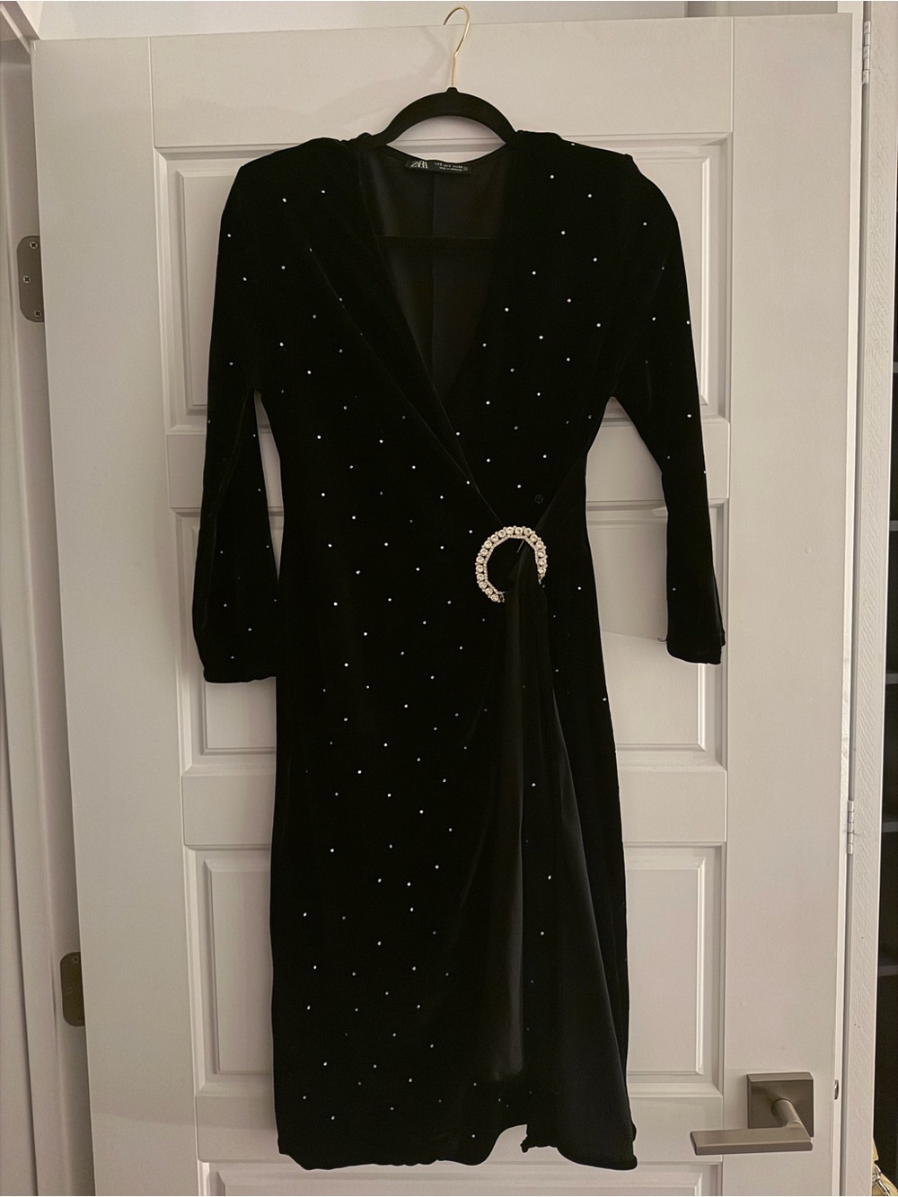 Zara Limited Edition Black Velvet Wrap Dress with Crystal Accents